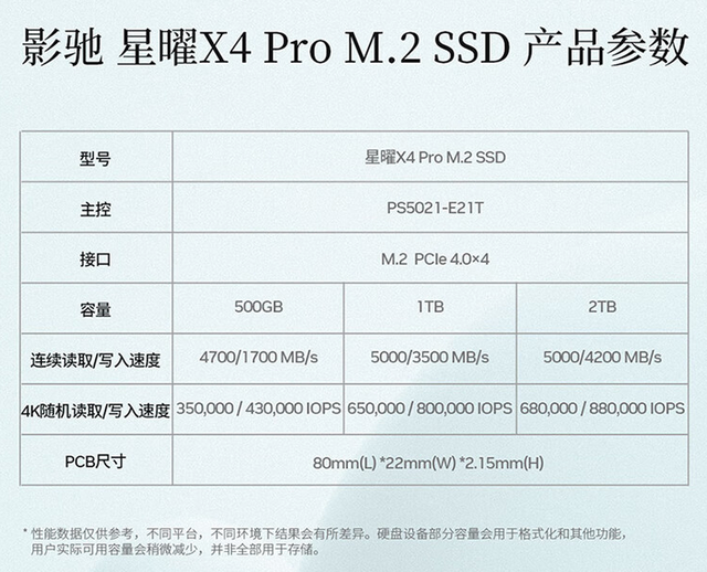 影驰星曜X4 PRO PCIe4.0固态硬盘618大促：1TB版本只要299元